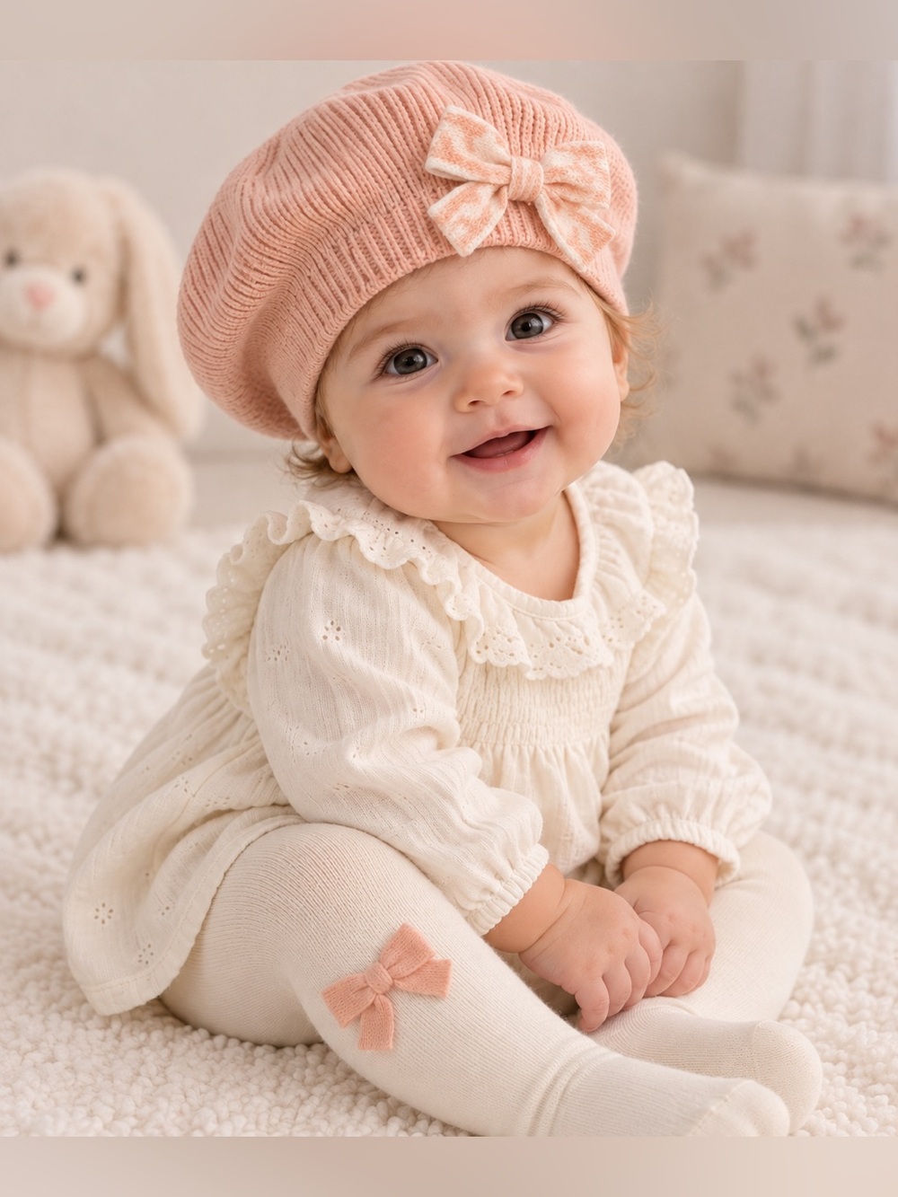 Rachel Zoe Baby Girls Blush Pink Knit Beret & Bow Tights Set NWT